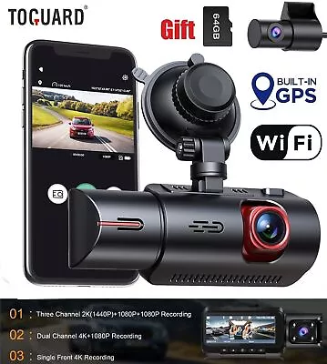 TOGUARD 3CH 4K WiFi & GPS Dual Dash Cam Front And Rear Cabin Car DVR Camera 64GB • $188.99