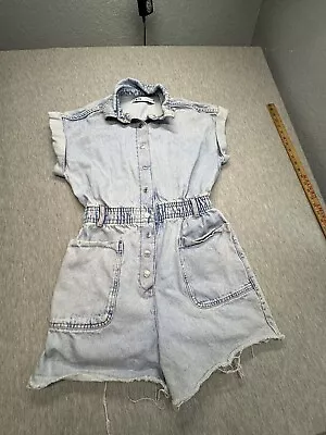 ZARA M Jumpsuit Blue Denim Short Sleeves Button Elastic Waist Raw Fringe Romper • $22.99