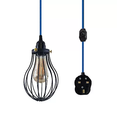 Fabric Flex Pendant Lamp Cage Light With Plug In Cord E27 Fitting Vintage Lights • £17.89