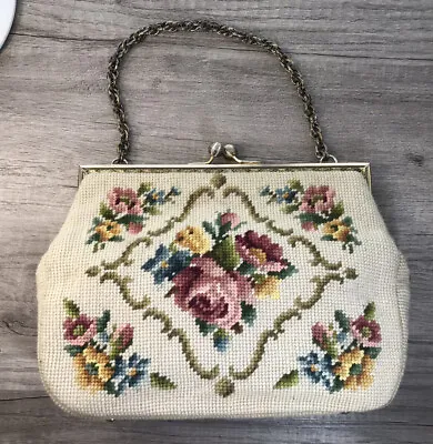 Needlepoint Handbag Purse Large Hand-Stitched Floral Bouquet Vintage C. 1950. • $76