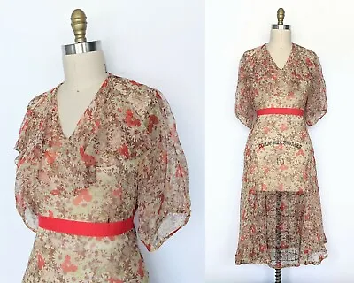 Vintage 1930s Floral Chiffon Day Dress Vintage 30s Silk Tea Length Gown • $195