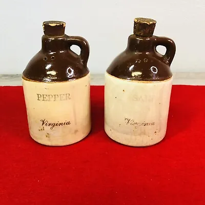 Vintage Souvenir Stoneware Moonshine Jug Salt & Pepper Shakers Virginia Made USA • $19.99
