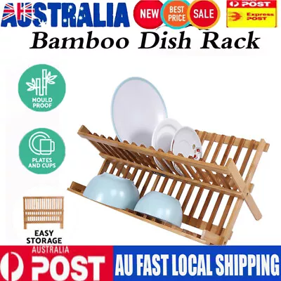 Bamboo Foldable Dish Drying Rack Plate Cup Drainer Tray Utensil Cutlery Holder • $23.98
