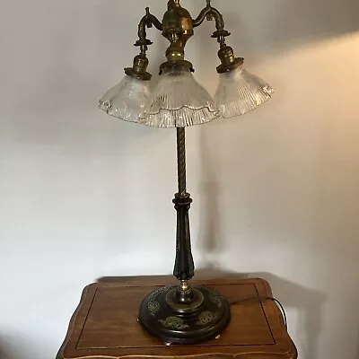 Vintage 3 Arm Table Lamp/ Beautiful Ribbed Holophane Shades • $225