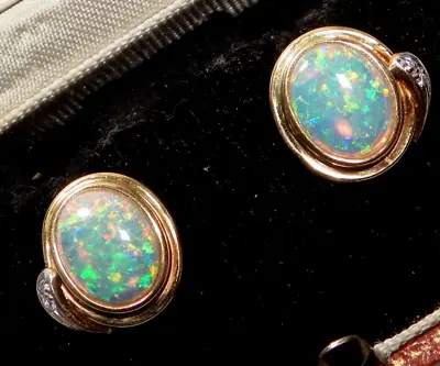 BEST EVER Impressive RICH 18CT GOLD OPAL & DIAMOND Solitare Earrings H/mark 1998 • $1000.93