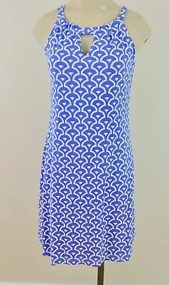 BARBARA GERWIT Sz Small Blue White Print Keyhole Sleeveless Nylon Stretch Dress • $27.89