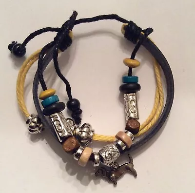 Black Leather Beaded Dachshund Charm Bracelet • $1.99