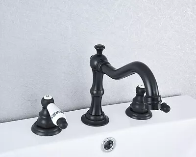 Black Brass 3 Hole Deck Mounted Bathroom Basin Faucet Kitchen Sink Taps Dsf543 • £54