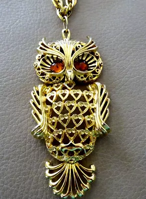 Vintage Large Articulated Owl Pendant Necklace Gold Tone Faux Topaz Eyes • $7.90