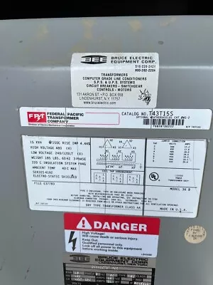 15 KVA Transformer 3 Phase - T43T15S -  480 - 240/120 FEDERAL PACIFIC • $750