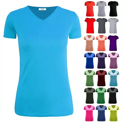 Womens Ladies Casual Cap Sleeve Plain V Neck Basic Stretchy Baggy Jersey T Shirt • £5.97