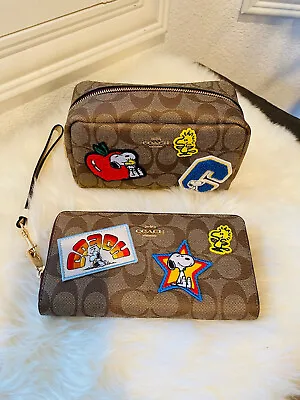Coach Snoopy Peanuts Boxy Cosmetic Case+long Wallet Sig Canvas Varsity Patch • $580.75