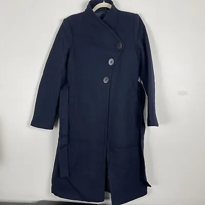 Mango Coat Women 8 Medium Midnight Long Belted Wool Angled Button Overcoat • $69.99
