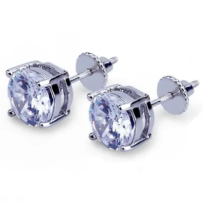 14k White Gold Plated Men Sterling Silver 6mm Round Cz Screw Back Stud Earrings • $10.99