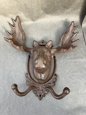 Rustic Moose Head Hooks Cast Iron Coat Hook Rack Restoration Hat Cabin Decor • $23.50