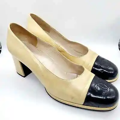 Vintage CHANEL CC Classic Beige Black Leather Cap Toe Pumps Women's Size 40 • $224.99