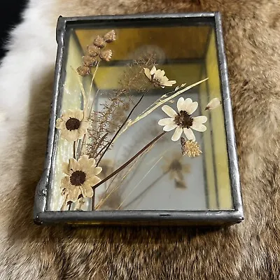 Glass Metal Pressed Flowers Trinket 5x4x2” Box USA Floral Mirror Jewelry Decor • $15.99