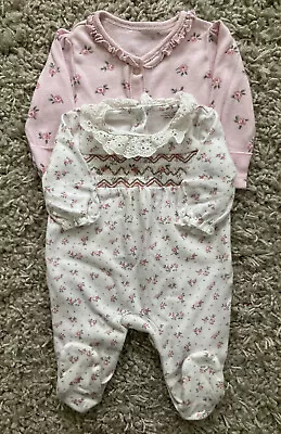 NEXT & George Baby Girls First Size  Floral Sleepsuits Babygrows  - One Smocked • £7.50