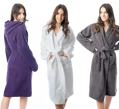 Womens Robe Terry Towelling 100% Cotton Hooded Bath Dressing Gown Bathrobe  • £16.95