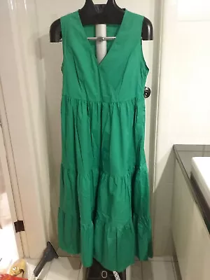 MAGARI Crisp Cotton Poplin Long Emerald Dress Tiers L Faux Wrap Made Italy • $59