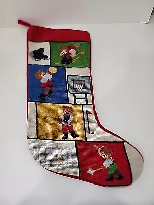 Imperial Elegance Vintage Needlepoint Christmas Stocking Sports Teddy Bears 20  • $24.99