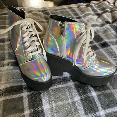 Hot Topic Holographic Platform Boots Womens Sz 7 Lace Up Multicolored NWOB • $27.50