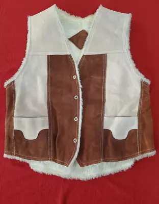 Genuine Leather Swede Vintage Cowboy Vest Wool Lined Brown White Sz 46 Pockets • $54.99