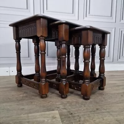 Vintage Nest Of 3 Solid Oak Wooden Coffee Side Lamp Tables Turned Wood - Retro • £69.99