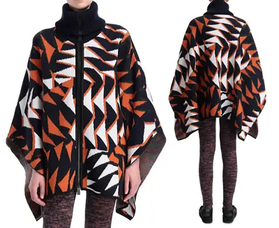 M MISSONI Wool Blend Zip Front Turtleneck Poncho Cape Geometric Knit M/XL  $1250 • $449.99