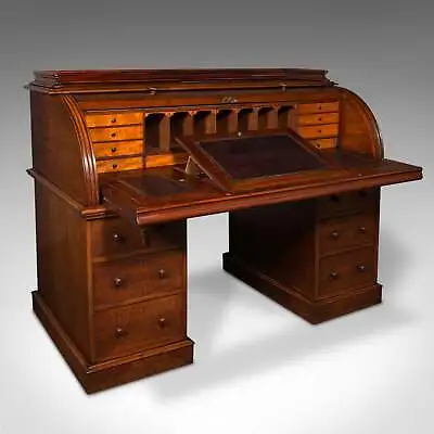 Grand Antique Estate Pedestal Desk English Roll Top Secretaire Victorian 1860 • $4917.95