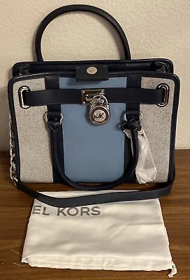 Beautiful MK MICHAEL KORS Sky Blue/ Navy Hamilton Stripe Satchel CrossBody Bag • $149.90