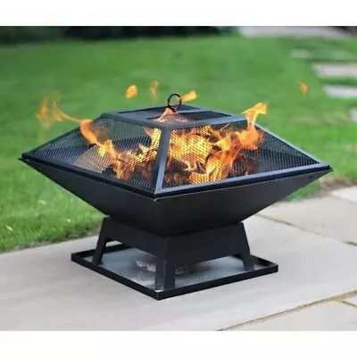 Square Fire Pit With BBQ Grill & Poker Outdoor Garden Heater Patio Decor Brazier • £24.99