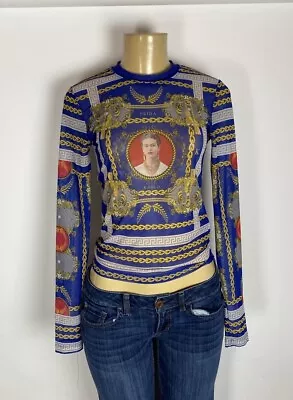 Frida Kahlo Blue Long Sleeve Sheer Shirt Versace-Style Sz S • $29