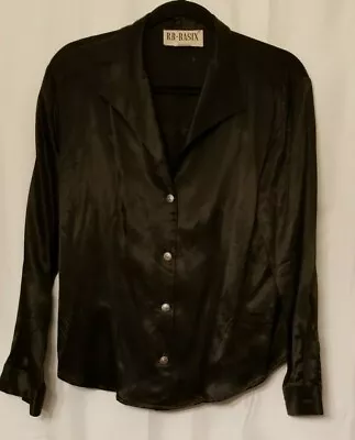 Vintage Women's Blouse Top Black Satin Look Shoulder Pads Event Size S RB Basix  • $14.99