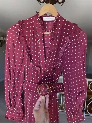 Zimmermann Burgundy Crepe Midi Polka Dot Dress Size 1 Aud10 Us6 • $150