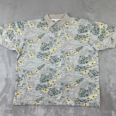 Vintage Ocean Pacific Polo Shirt XL Beige Floral AOP Hawaiian OP Surfer Beach SS • $14.99