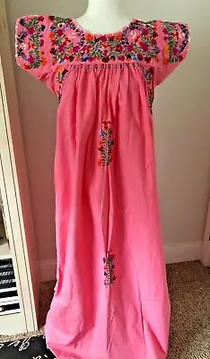 Vtg S MEXICAN Festival Fiesta OAXACAN Pink Embroidered MAXI DRESS Cotton XS 1 • $182.95