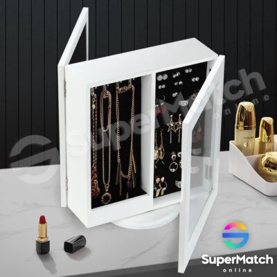 $74.59 • Buy 360 Degree Rotating Jewellery Cabinet Storage Organiser Box Makeup Wooden White