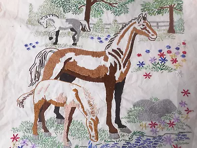 Vtg Completed Hand Embroidered Horse Picture Sampler 19 1/2 T X 15 1/2 W READ • $19.99