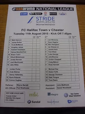 £3.99 • Buy 11/08/2015 Colour Teamsheet: FC Halifax Town V Chester (folded). Bobfrankandelvi