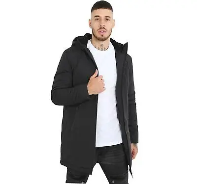 Brave Soul Men's Hooded Jacket Zip Up Warm Winter Lightweight Black Long Coat • £29.99