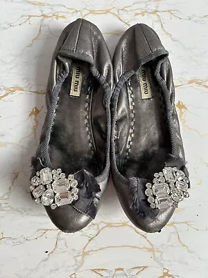 Miu Miu Flat Ladies Shoes Size 4 EU 37 Silver With Crystals • £12.59