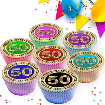 50th Birthday Age 50 Anniversary Edible Cupcake Toppers  Decorations Gd-50m • £2.99