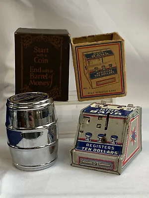 Vtg Still Bank Lot  J. Chein Dime Register Bank & Chicago Thrift Money Barrel • $29.95