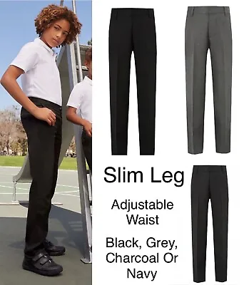 £6.95 • Buy Boys Slim Fit School Trousers Fitted Ge@rge Black Grey Navy Adjustable Waist NEW
