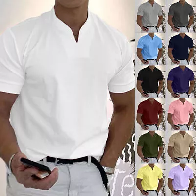 Mens V Neck Grandad T-Shirt Tops Short Sleeve Slim Casual Designer Henley Shirts • £2.39