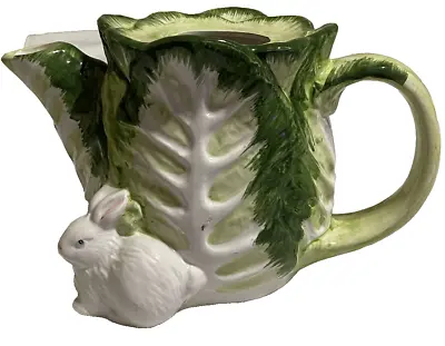 Majolica Style Tea Pot Green White Cabbage Bunny Rabbit No Lid Collectible • $39.99