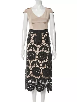 MARTIN GRANT Lace Embroidered Black Pattern Skirt Neutral V-neck Midi Dress Sm • $199