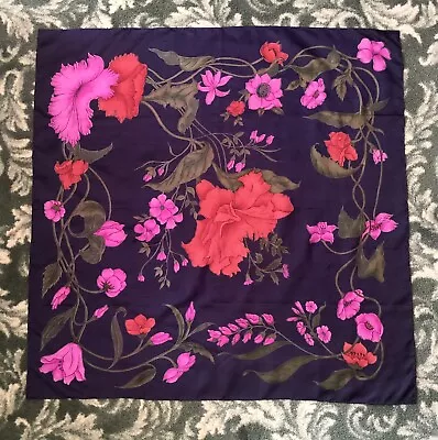 Vintage Tropical Floral Scarf 100% Twill Silk 35” X 35” Square Hand Rolled Hem • $6.95