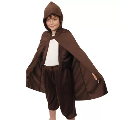 Kids Brown Cape Fancy Dress Hooded Costume Childs Boys Cloak Hobbit Lord Outfit • £6.99